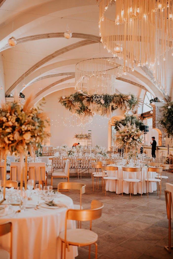 a room with tables and chairs